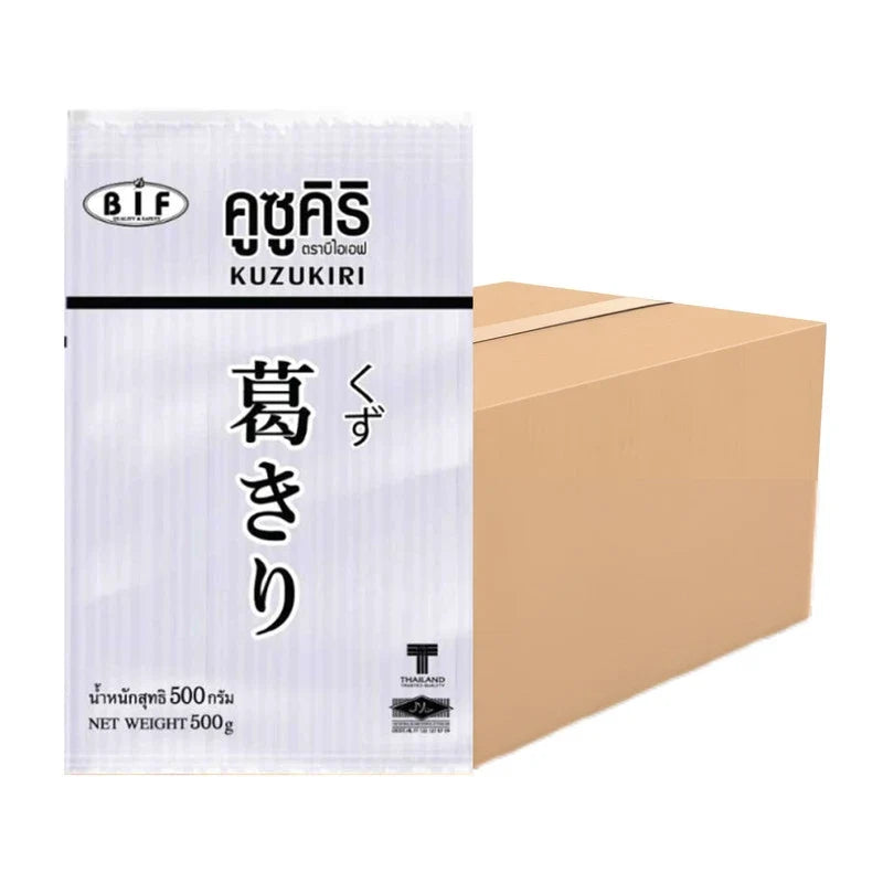BIF Kuzukiri dry grocery, thin translucent wheat starch noodles stacked in a bowl, traditional Japanese snack.