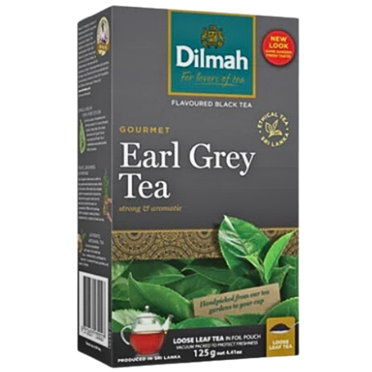 Dilmah Earl Grey leaf tea drink in a clear glass, showcasing the tea's amber color and fresh lemon slice garnish.