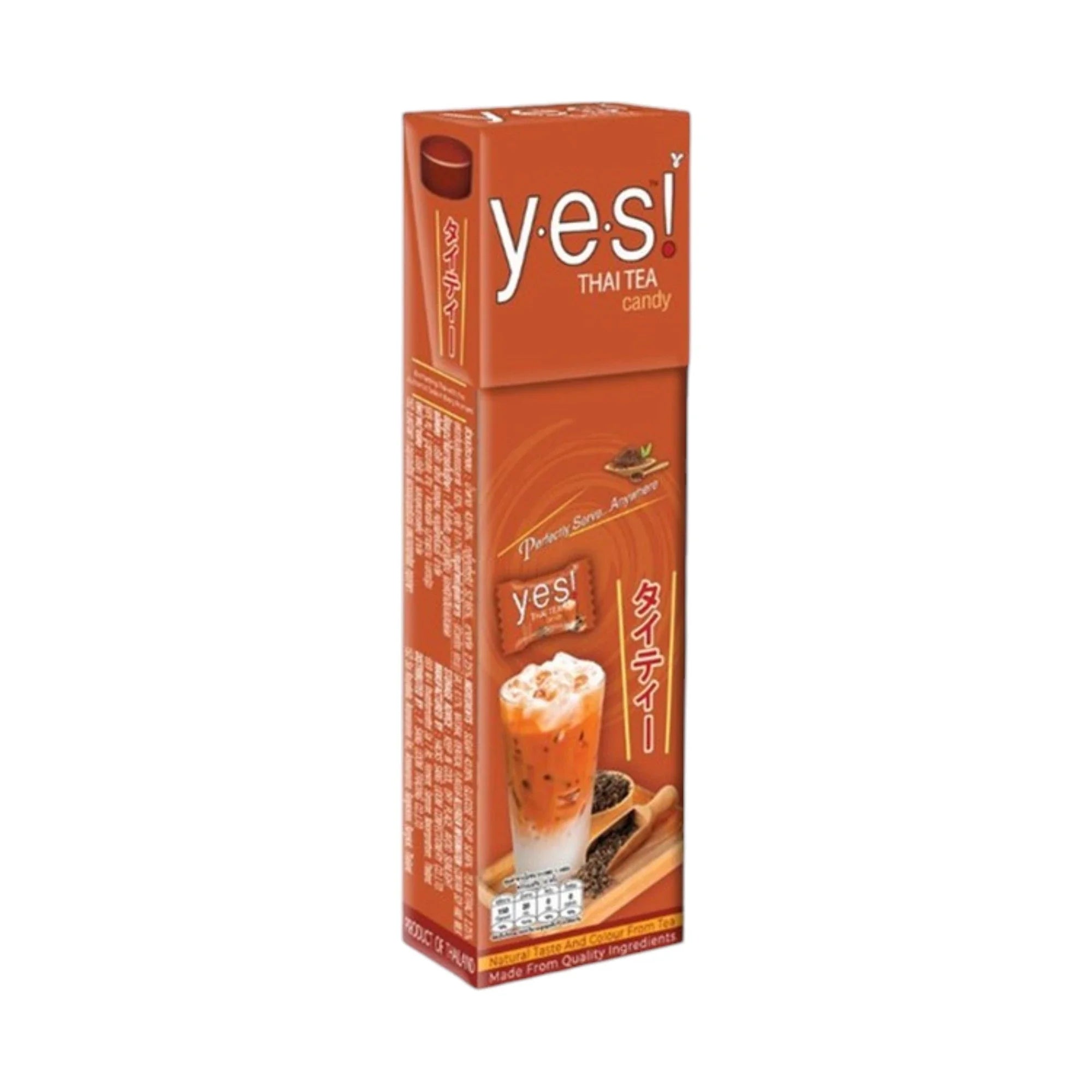 YES Thai Tea flavored candy, 36g snack, colorful confectionery with vibrant packaging and Thai tea flavor details.