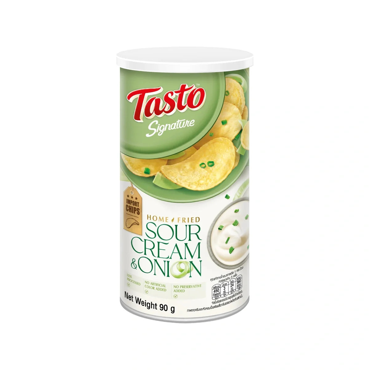Tasto Signature home fried sour cream and onion snack in 90g bag, crispy dry grocery snack with savory flavor