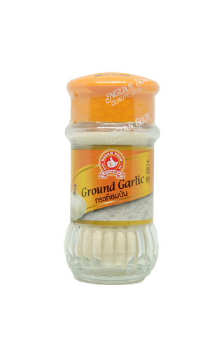Nguan Soon garlic powder in a clear container, showing fine white garlic granules, ideal for seasoning and cooking.
