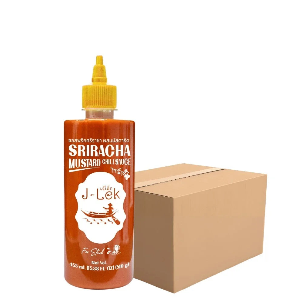 J-LEK Sriracha Chili and Mustard Sauce bottles, 510g, in a mixed dry grocery set with colorful labels and squeeze bottles.