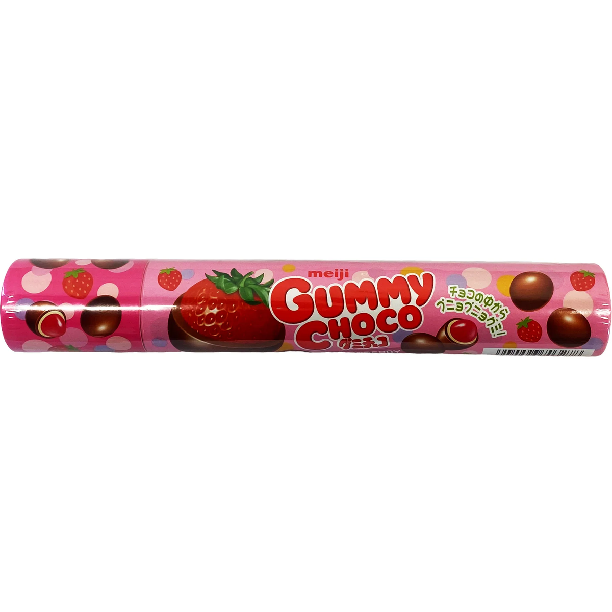 Meiji Choco Strawberry Gummy candies in a colorful package, featuring chocolate and strawberry flavors in a confectionery snack.