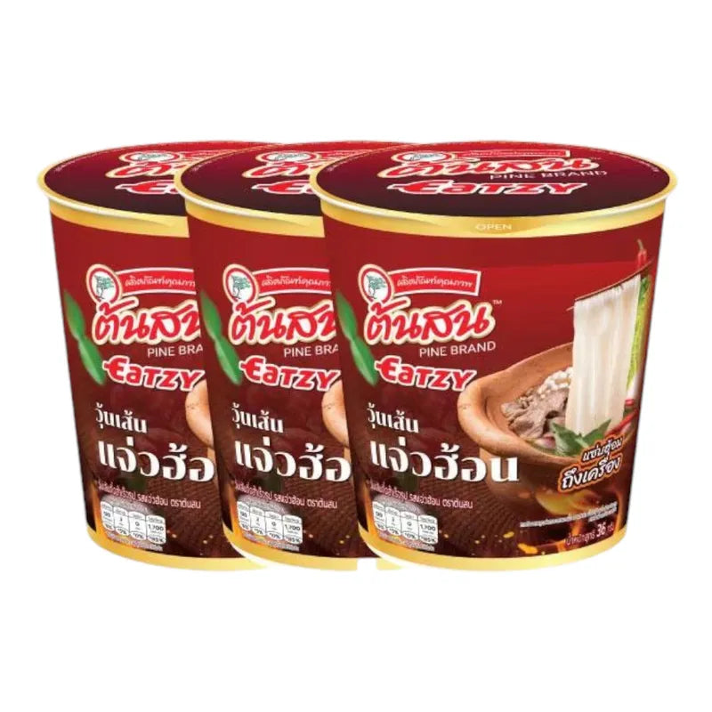 Tonson Eatsy Jaew Hon flavor instant vermicelli cup, dry grocery item with noodles and seasoning packet in a colorful cup.