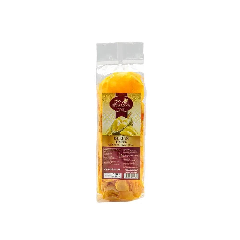 Sriwanna Durian Toffee snack in 250g package, featuring golden durian-flavored toffee pieces from Sriwanna confectionery.