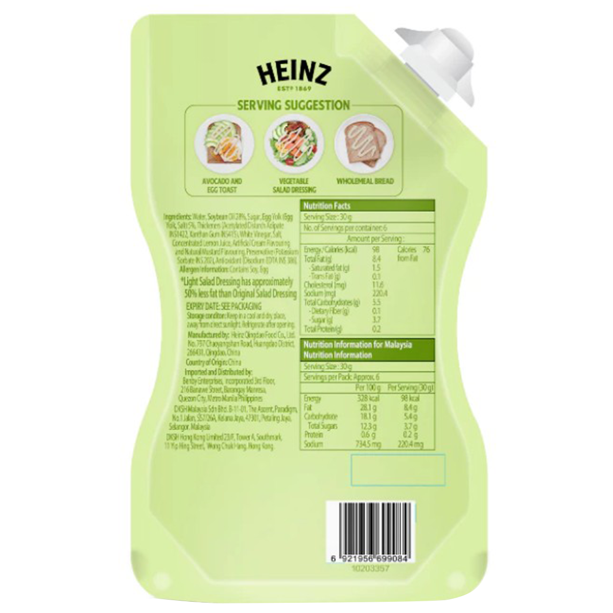 Heinz Light Salad Dressing in a convenient doypack, labeled for fresh, low-calorie salad dressing, with Heinz branding on the package.