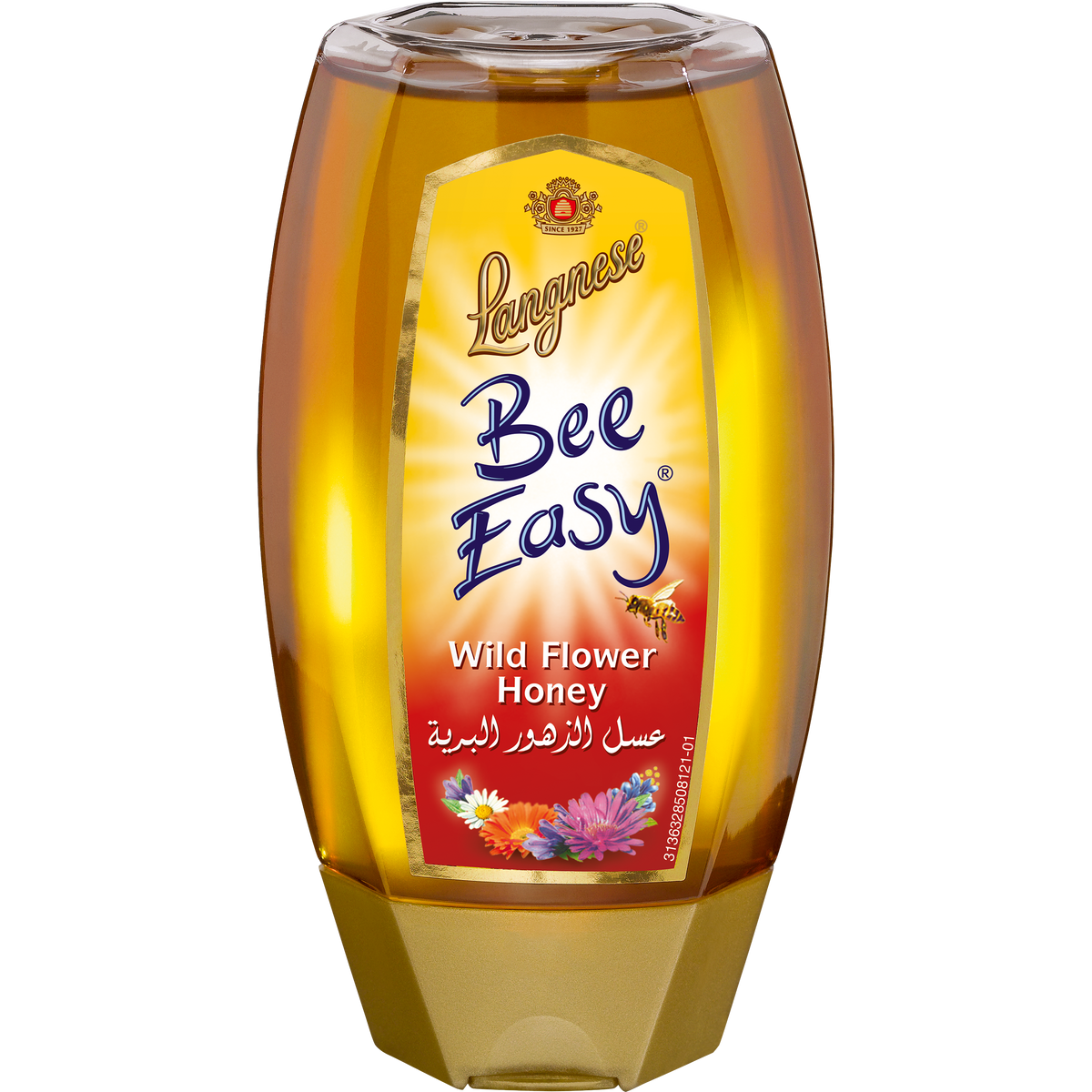Jar of Langnese Bee Easy Bjenhoing honey in a glass container with a golden honeycomb pattern label.