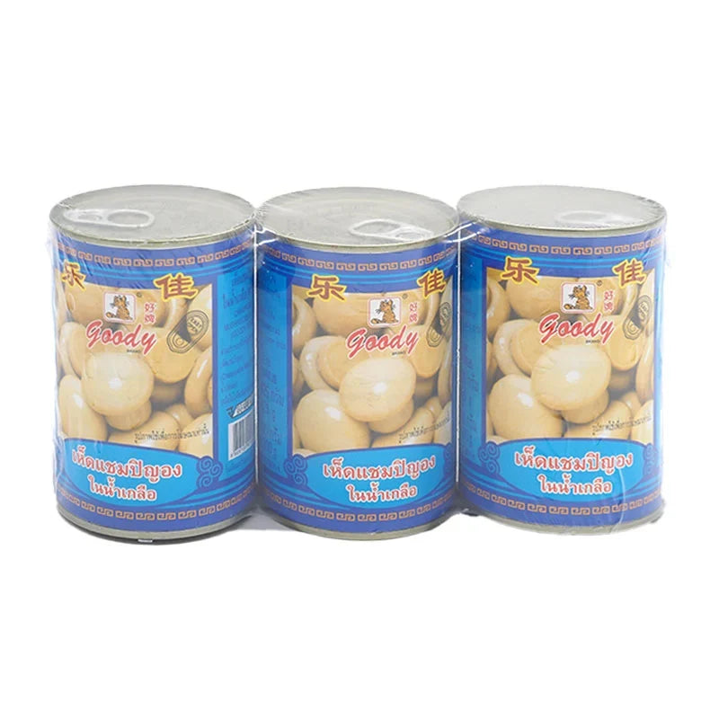 Goody Champignon mushroom pack, 425g x 3, dry grocery product featuring dried white mushrooms in clear packaging.