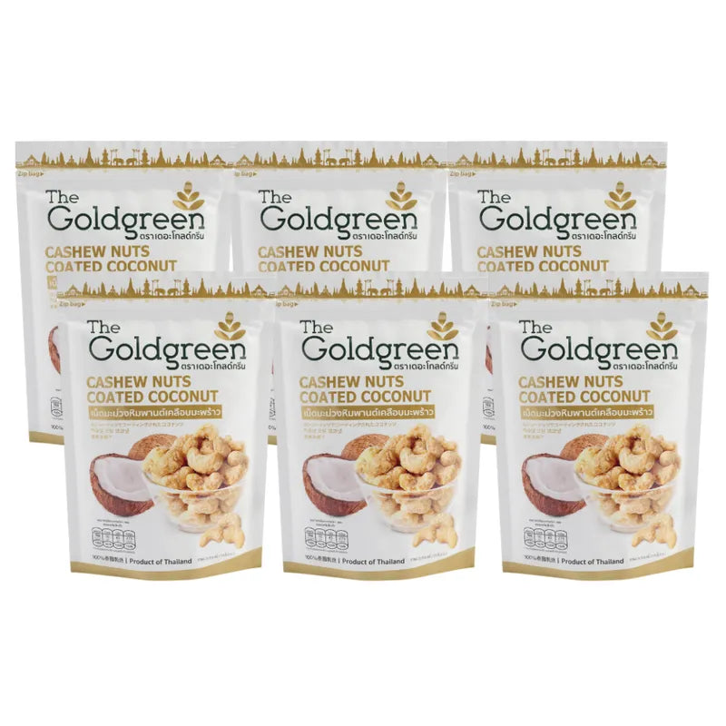 Goldgreen cashew nuts coated with crispy coconut in a 100g pack, displayed in a dry grocery product image.