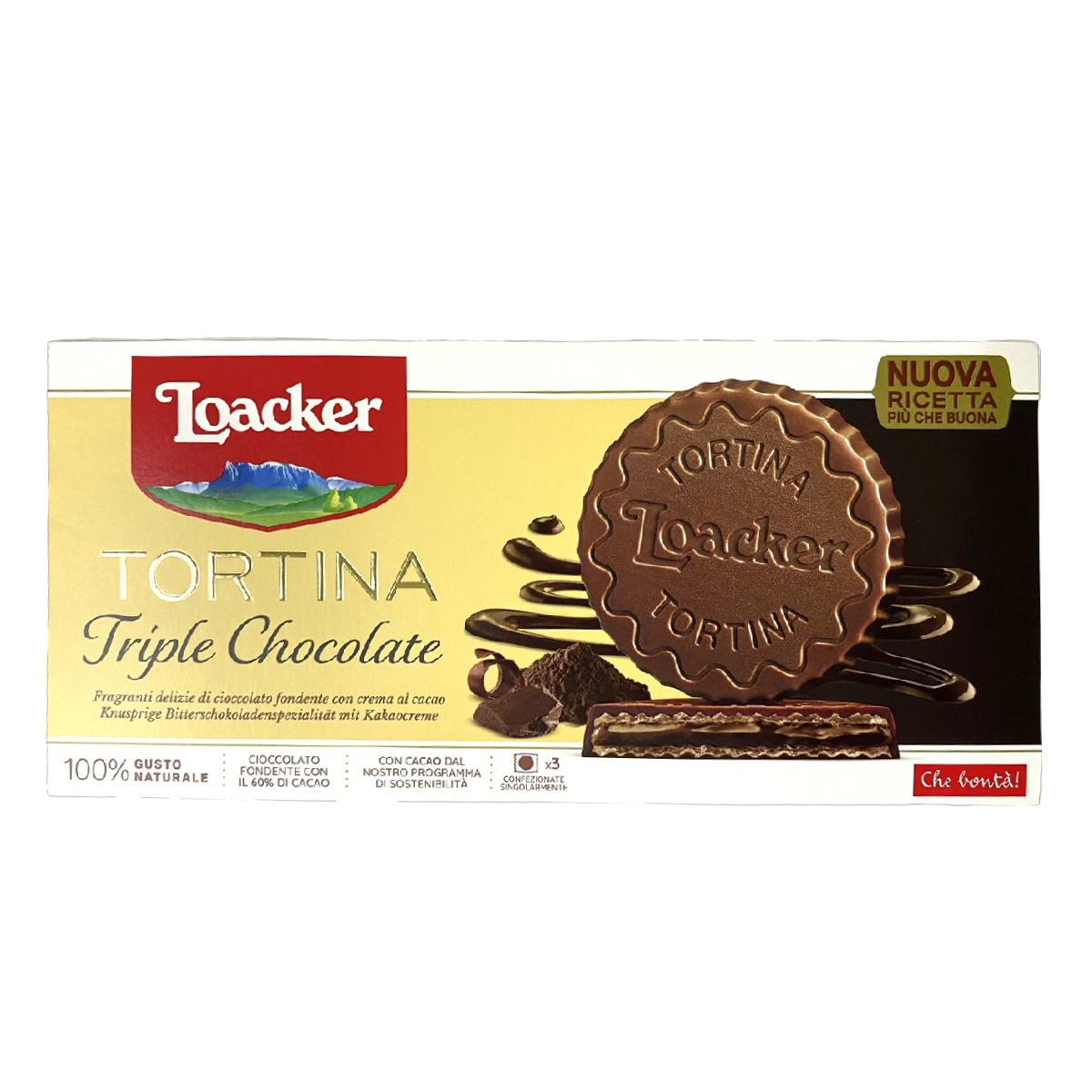 Loacker Tortina Triple Choc confectionery snack with three chocolate layers and creamy filling, shown in the image.