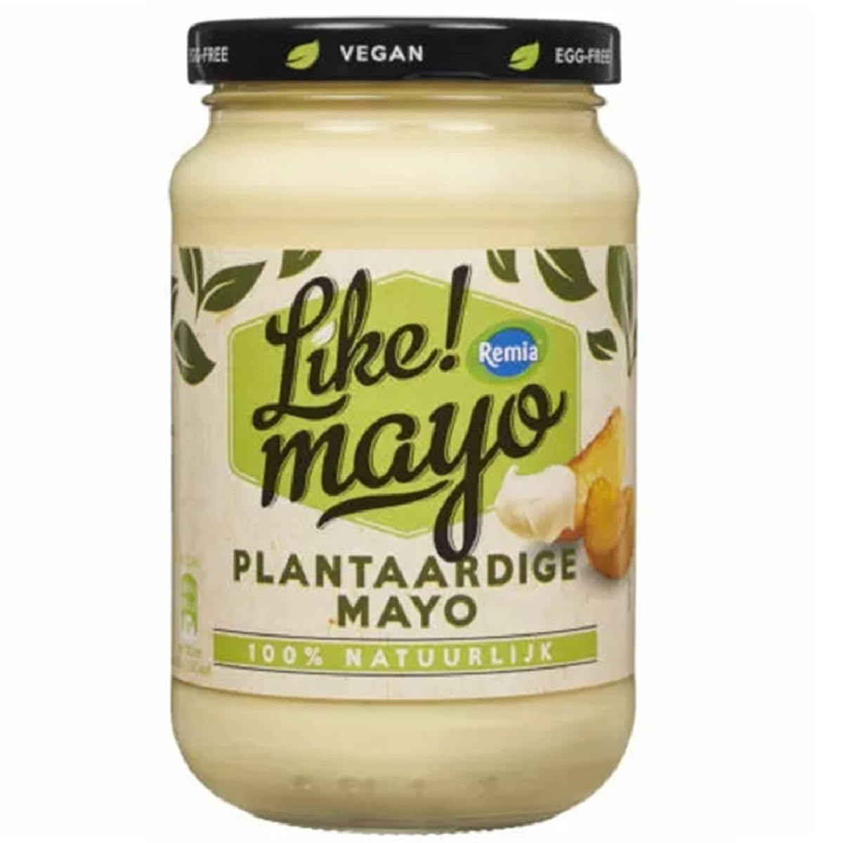 Jar of Remia Like!Mayo, creamy mayonnaise spread in a white container with a red lid, on a grocery store shelf