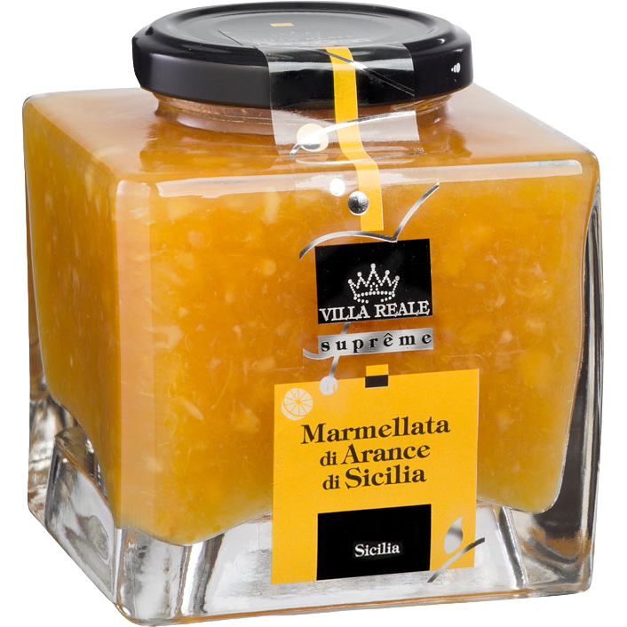 Jar of Campo Sicilian Oranges Jam with orange slices and jam spread on a spoon, showcasing fresh citrus flavor.
