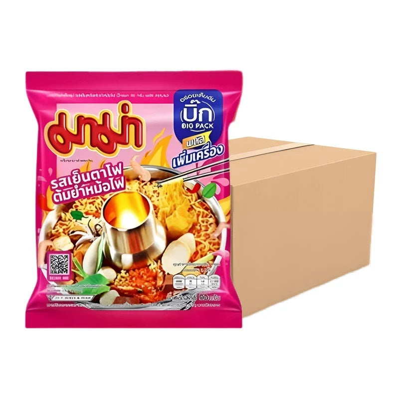 Mama Yentafo Tom Yum hot pot flavor big pack with 90g packets, dry grocery product from the Mama brand, spicy and flavorful.