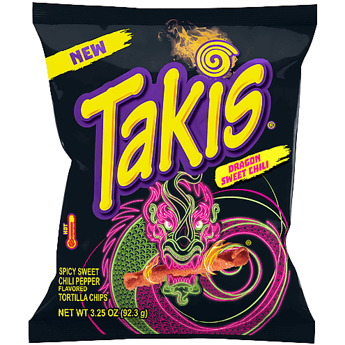 Takis Dragon Sweet Chilli Tortilla Chips in a colorful bag, showing the spicy and sweet snack flavor with fiery red and orange design elements.
