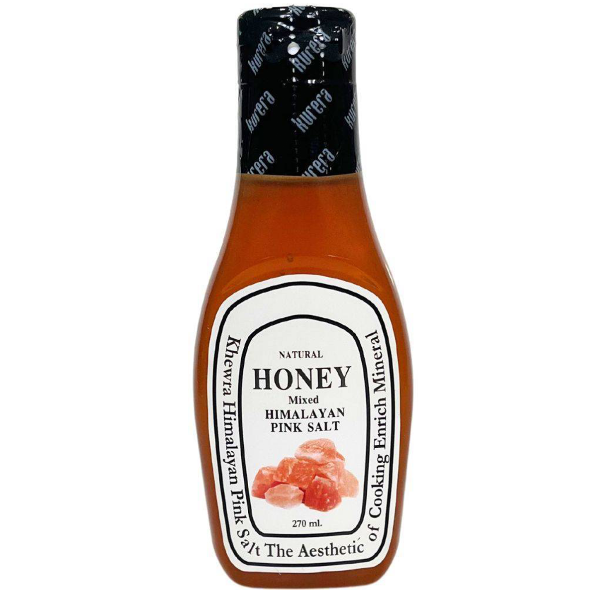 Khewra Thai Himalayan pink salt and honey mix in a grocery bottle, featuring pink salt crystals and honey within a clear container.