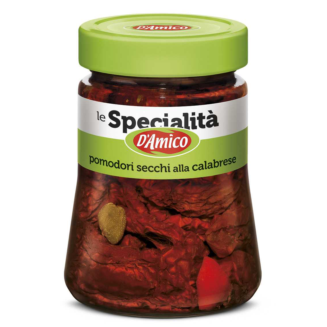 D'Amico Sundried Tomatoes Calabrian in glass jar, showcasing vibrant red sun-dried tomatoes for culinary use.