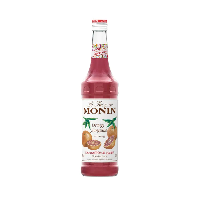 Bottle of Monin Blood Orange Syrup in a 700ml container, ideal for cocktails and beverages in dry grocery.