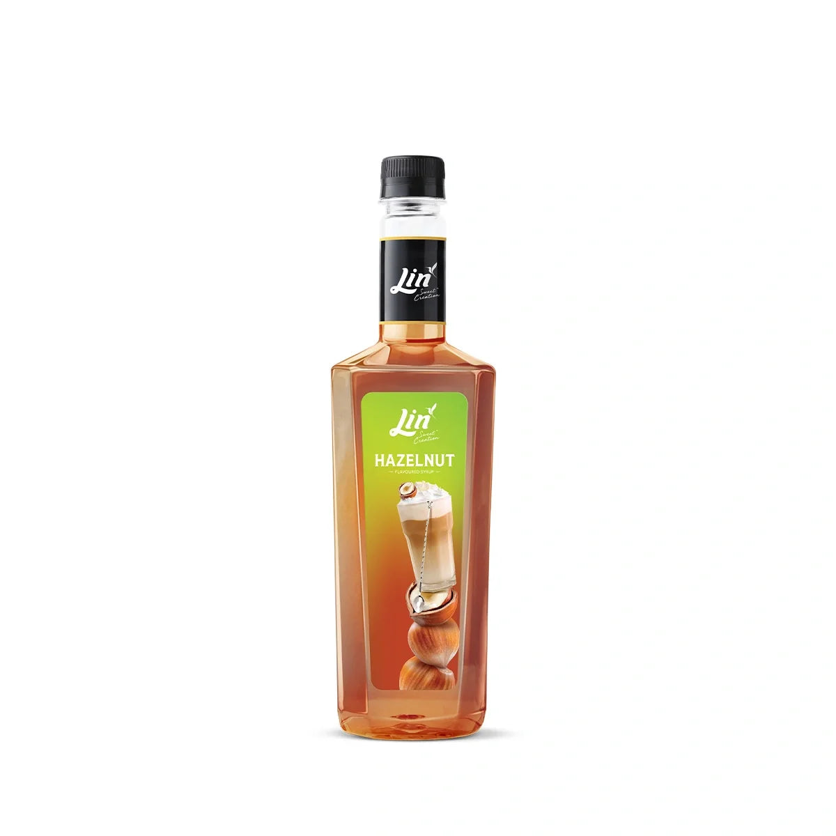 Lin Hazelnut Flavored Syrup 750ml bottle, ideal for coffee and desserts, with a rich hazelnut aroma and smooth liquid consistency.