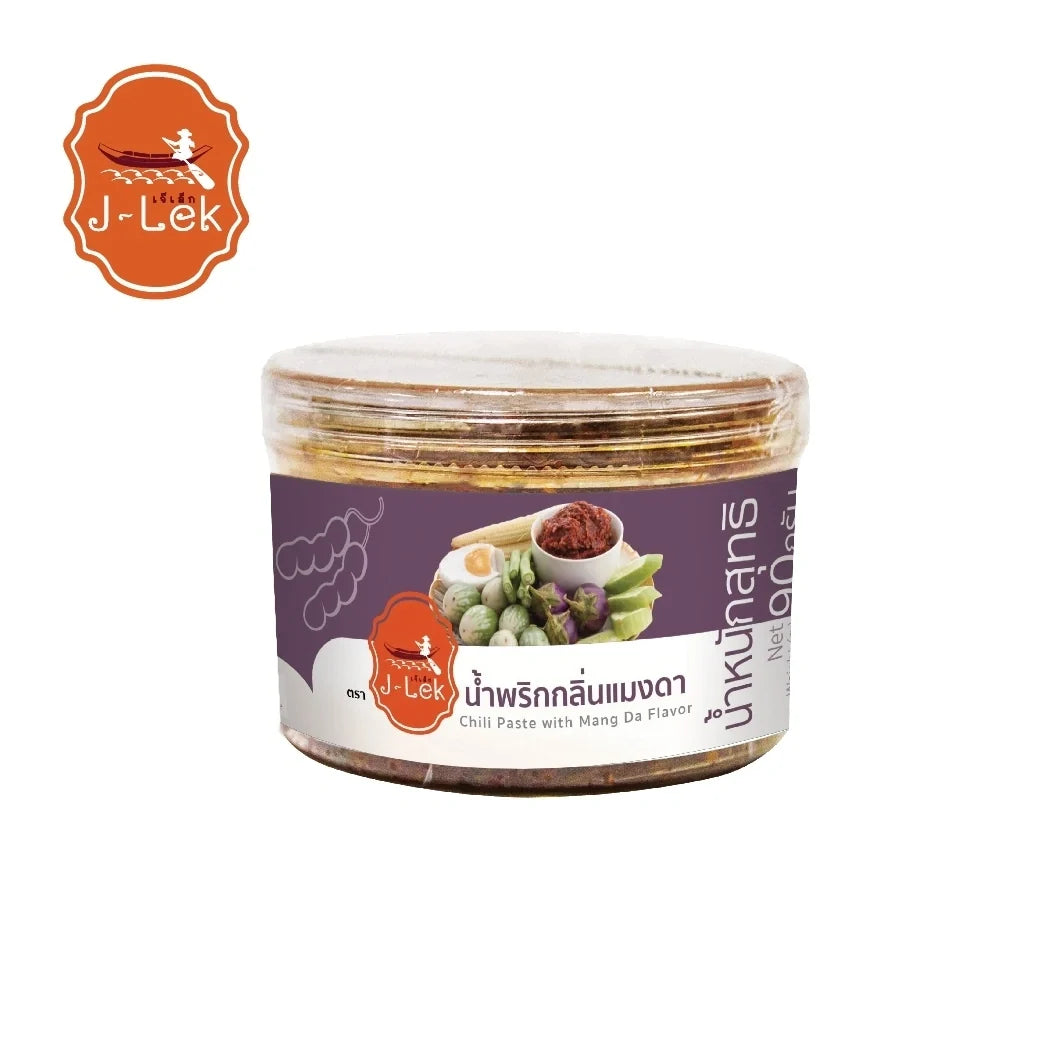 J-LEK Maeng Da Chili Paste 90g in a jar, showcasing vibrant red chili paste for Asian cuisine and spicy flavor.
