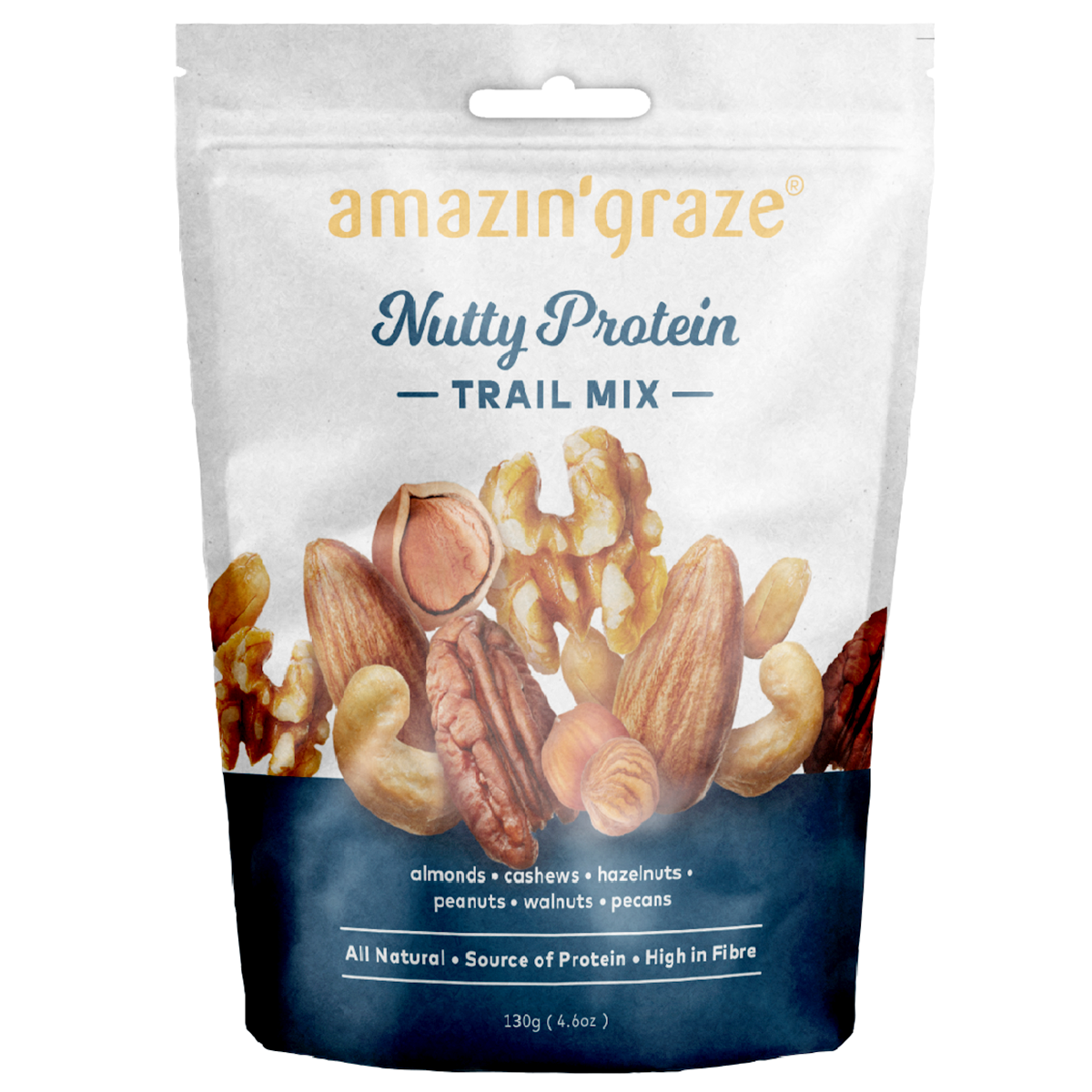 Amazin’graze Nutty Protein Trail Mix in a clear snack bag with almonds, cashews, and dried fruit, ideal for healthy confectionery snacking.