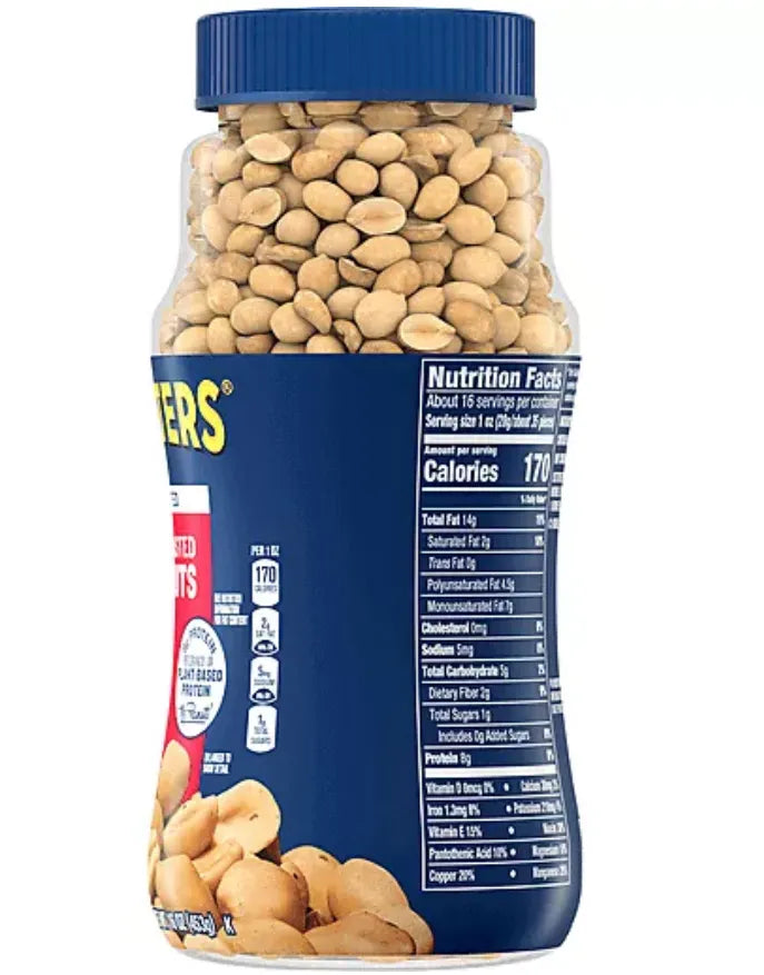 PLANTERS Dry Roasted Unsalted Peanuts in a 453g bag, shown in a trio pack, ideal for snacks and healthy eating.
