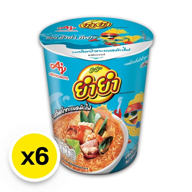Yumyum Cup Instant Noodles Tom Yum Seafood flavor, 60g, dry grocery product with a steaming bowl of noodles and seafood ingredients.