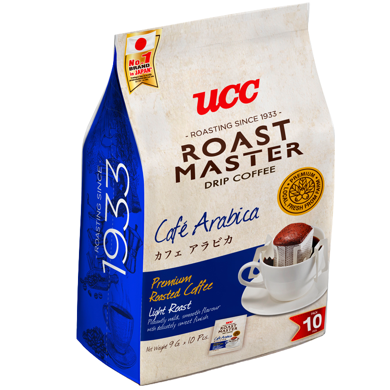 Ucc Roast Master Cafe Arabica drip coffee drink in a clear glass with ice, showing a refreshing coffee beverage with a frothy top.