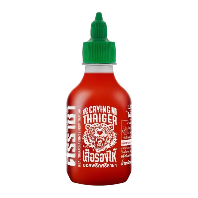 Crying Thaiger Sriracha Chili Sauce in 220g bottle, ready to send, with vibrant red chili and tiger branding on the label