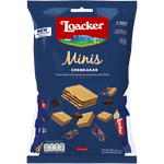 Loacker Mini Cacao confectionery snacks featuring small chocolate-filled wafer bites in a colorful package.
