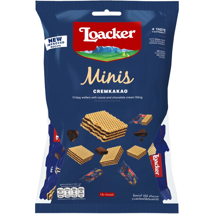 Loacker Mini Cacao confectionery snacks featuring small chocolate-filled wafer bites in a colorful package.