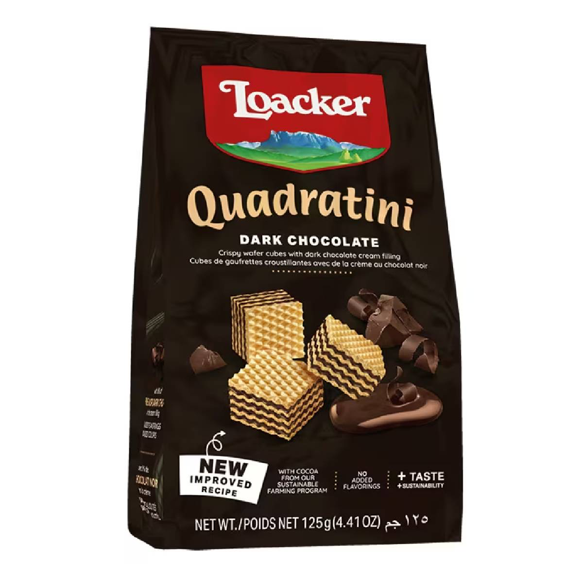 Loacker Dark Chocolate Goadra confectionery snack with rich dark chocolate coating and crispy texture, displayed in the image.