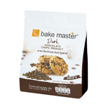 Bake Master dark chocolate chips for baking, shown in a bag with a close-up of glossy, dark chocolate morsels.