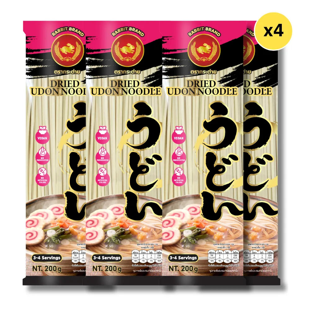 Dry Rabbit Brand Udon Noodles 200g package, showcasing the unopened, rectangular noodle bundle in clear packaging.