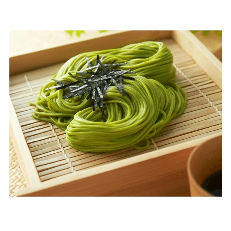 Kanesu Chasoba Uji Midori green tea soba noodles in dry grocery packaging, made with authentic Japanese ingredients.