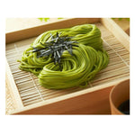 Kanesu Chasoba Uji Midori green tea soba noodles in dry grocery packaging, made with authentic Japanese ingredients.