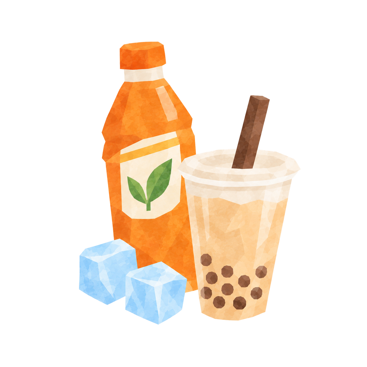 Watercolor illustration of Asian drinks: a bottled tea and a bubble milk tea with ice cubes
