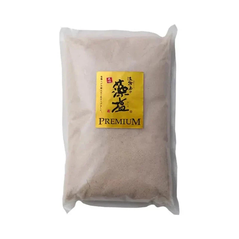 Moshio Premium Awajishima Seaweed Salt in a jar, made from sea water, ideal for enhancing dishes with natural seaweed flavor