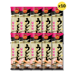 Dried Rabbit Brand Udon Noodles in a clear plastic bag, ready for cooking in Asian cuisine recipes.