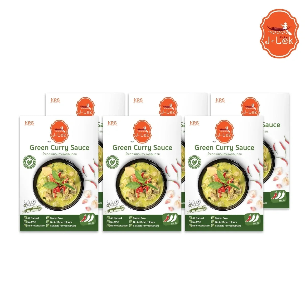 J-LEK Green Curry Paste packets 250g, dry grocery product with vibrant green curry paste in sealed packaging.