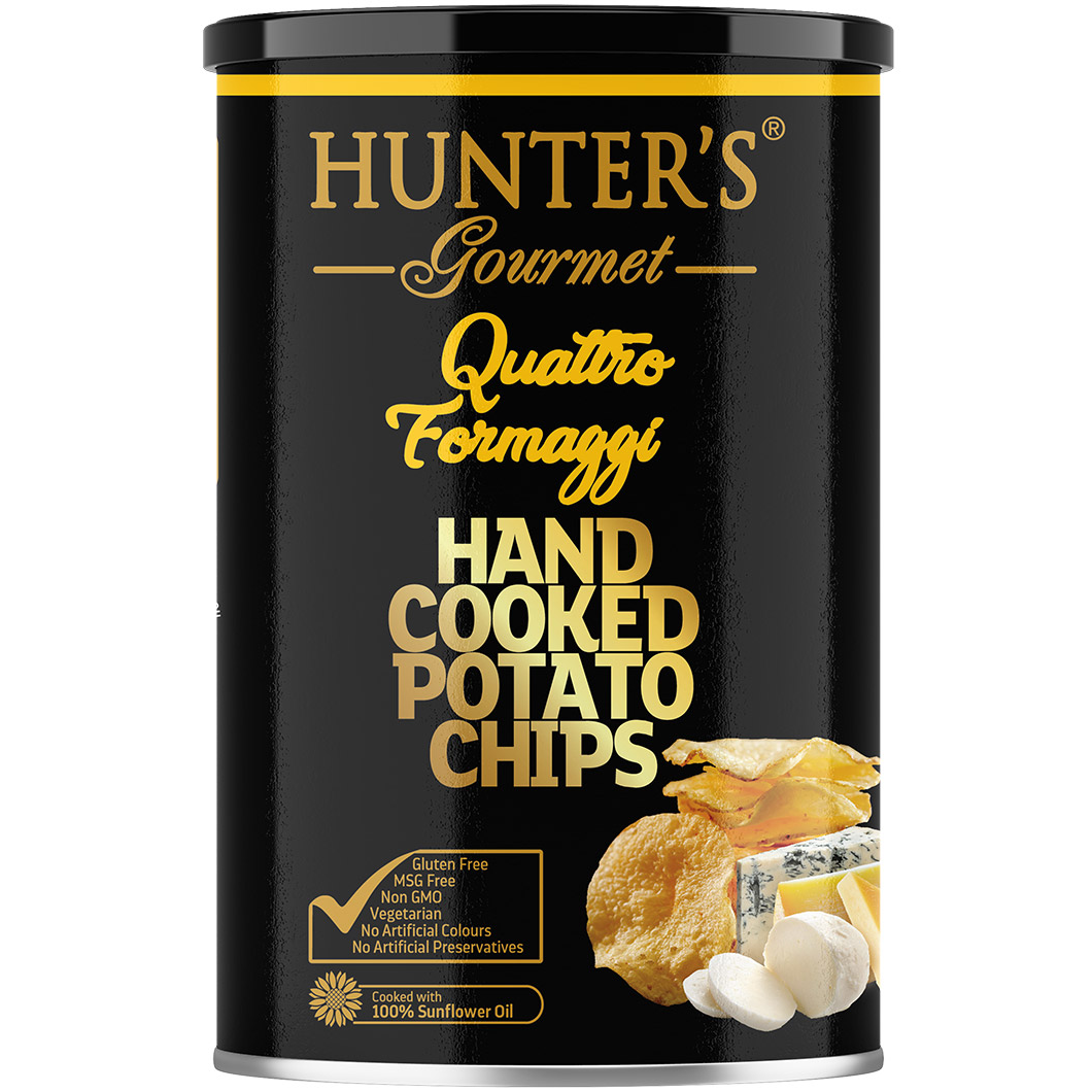 Hunter's Potato Chips Quattro Formaggi, savory confectionery snack with crispy chips topped with four cheese flavors