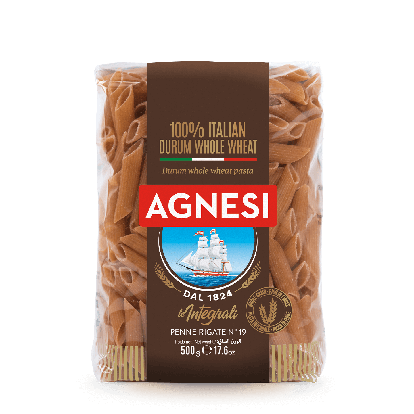 Agnesi Wholewheat Penne Rigate pasta in a clear container, showcasing the golden wholewheat pasta shape and texture.