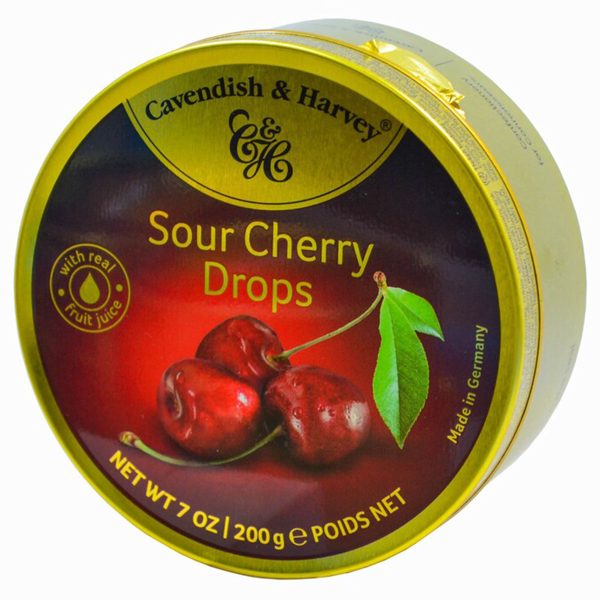 Cavendish & Harvey Sour Cherry Drops in a clear jar showing bright red cherry-shaped candies with a sour coating.
