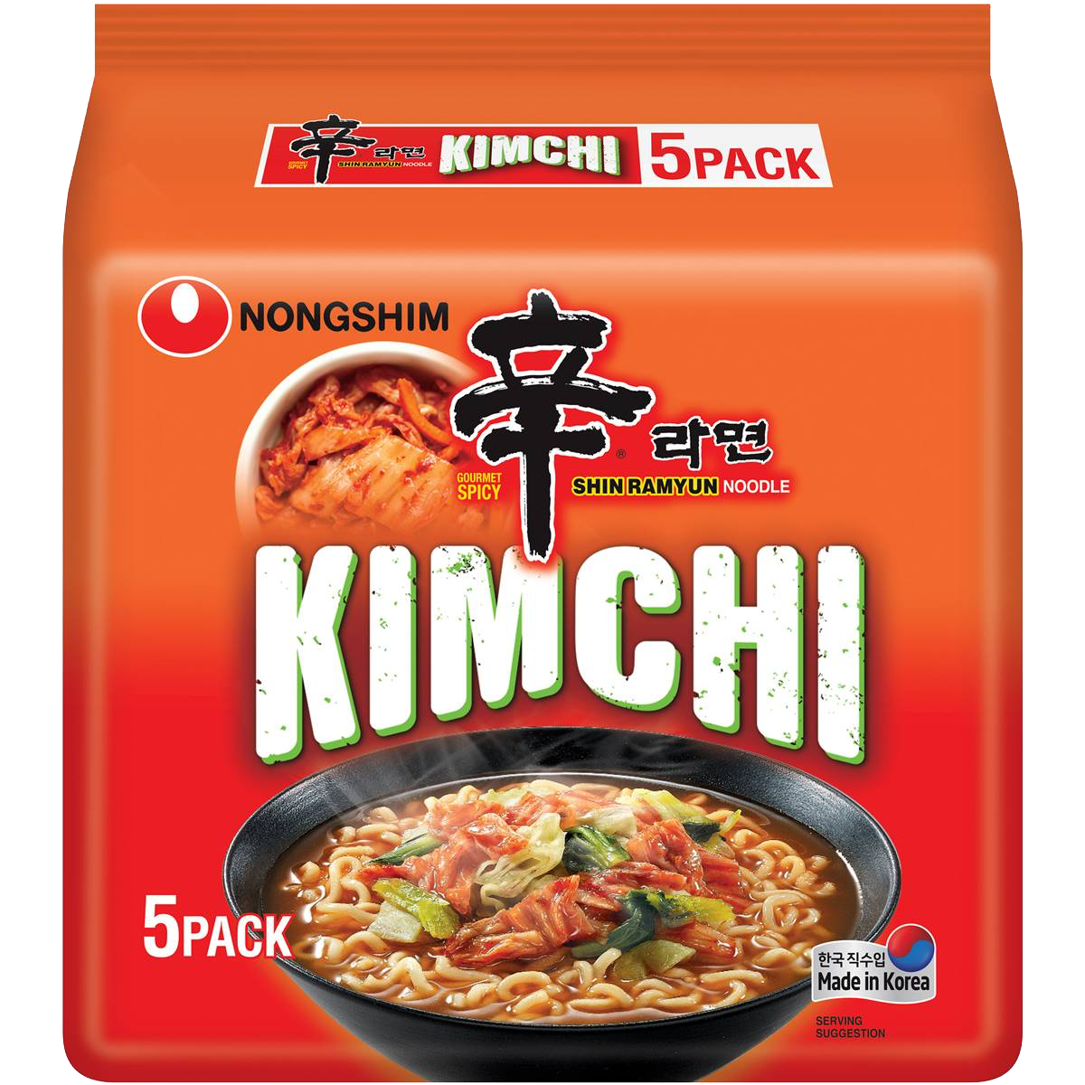 Nongshim Kimchi Shin Ramyun noodle soup in a bowl with spicy broth, noodles, and garnishes, showcasing the Korean instant ramen.