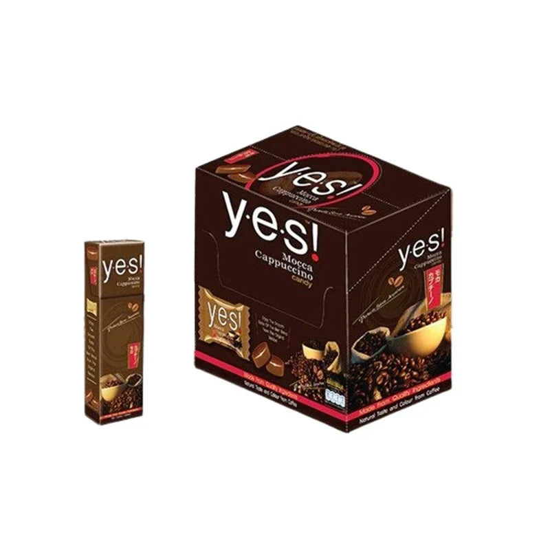 YES! Candy Mocha Cappuccino snack pack, 36g x12, dry grocery confectionery with chocolate and coffee flavor in colorful packaging.