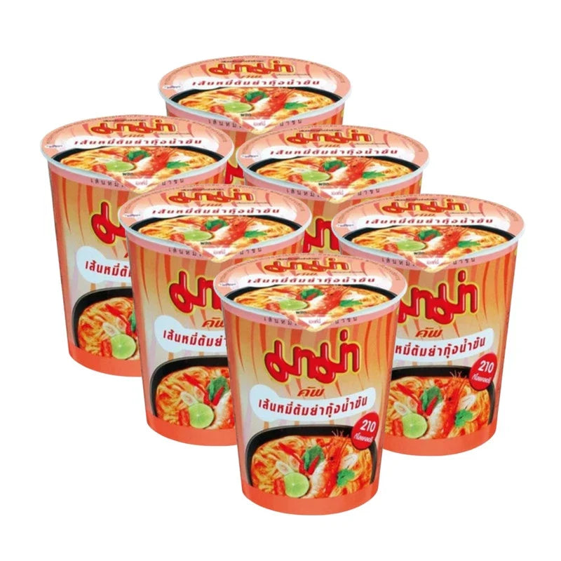 Mama Cup Tom Yum Shrimp Creamy Noodles in a dry grocery cup with vibrant packaging and seafood-themed design.