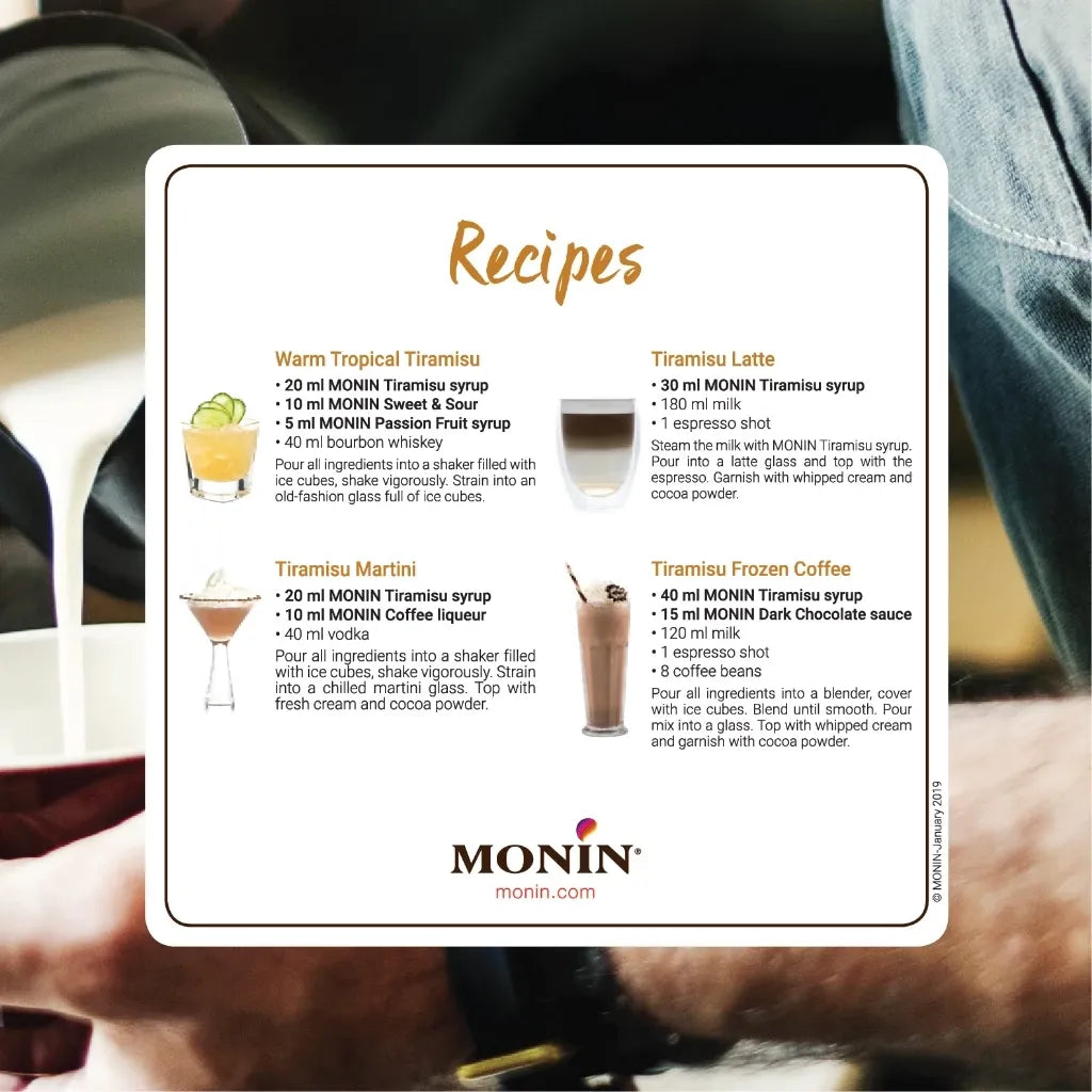 Bottle of MONIN Tiramisu Syrup in a 700ml container, used for flavoring desserts and beverages in dry grocery products.
