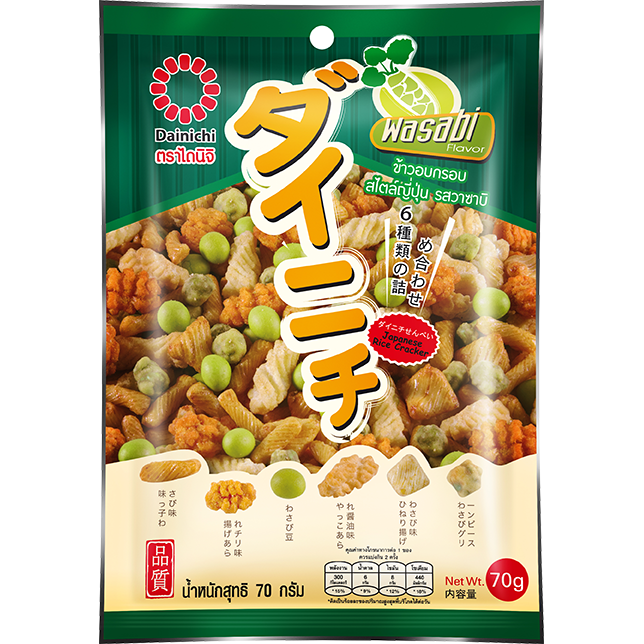 Dainichi Rice Snacks Wasabi flavor, Japanese confectionery snack with crispy rice and spicy wasabi coating, in colorful packaging