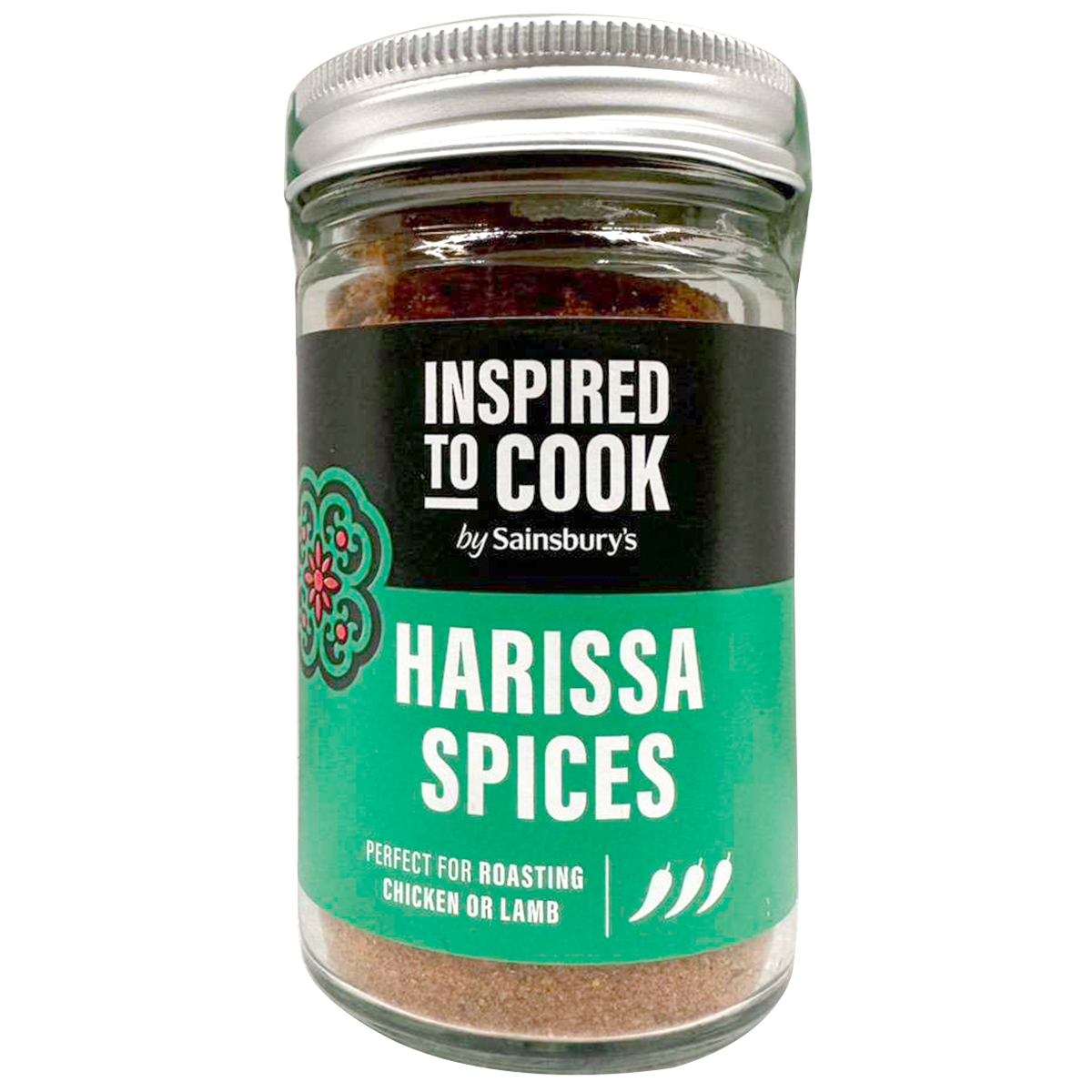 Sainsbury's Itc Harissa spices jar with red chili pepper flakes and spices, ready for adding flavor to dishes.