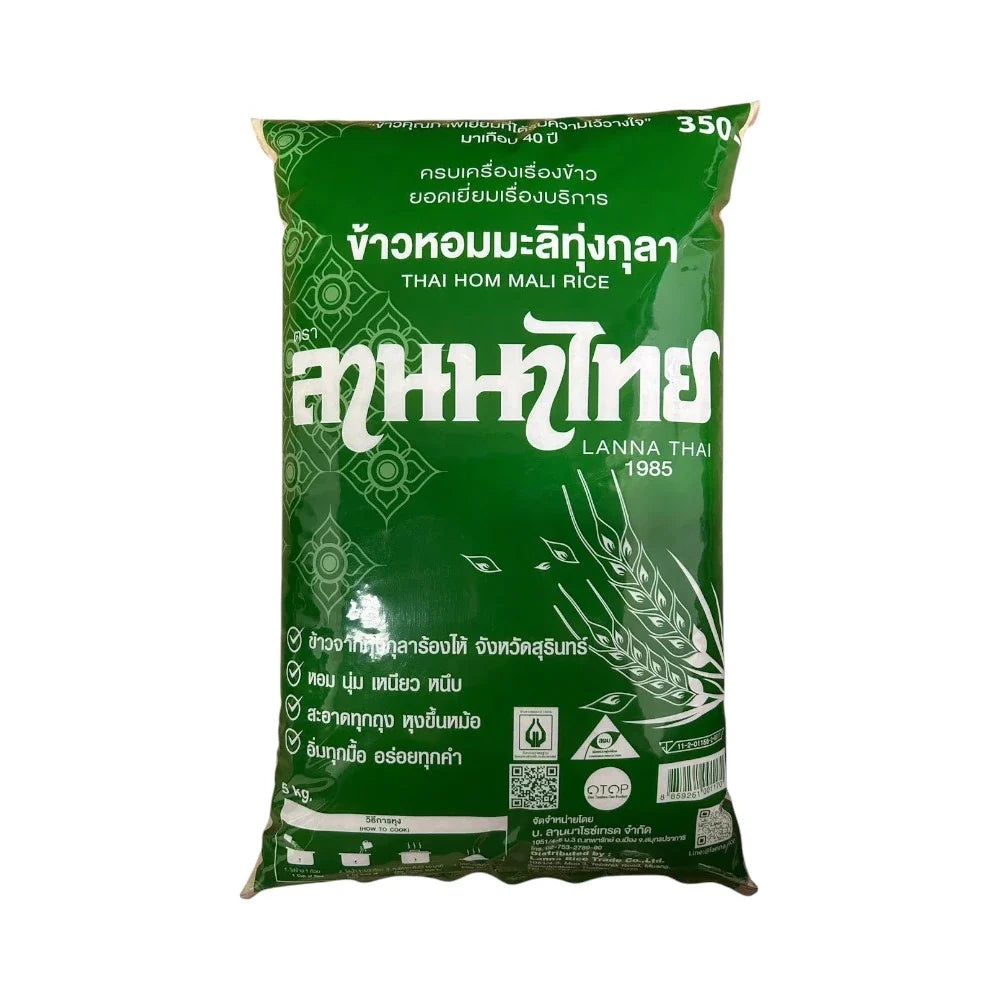 Lanna Thai Thungula Jasmine Rice in a bag, showcasing long, fragrant grains of dry Thai jasmine rice.