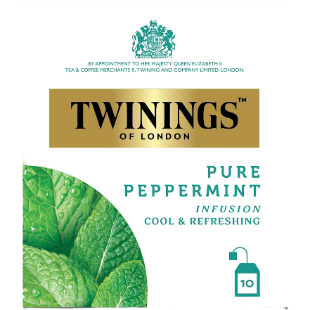 A glass cup of Twining's Pure Peppermint herbal drink with fresh peppermint leaves, showcasing the refreshing beverage.
